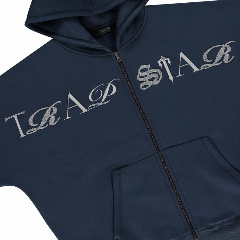 Chandals Trapstar Script Zip Hoodie Hombre Azul Marino | Mexico-53269