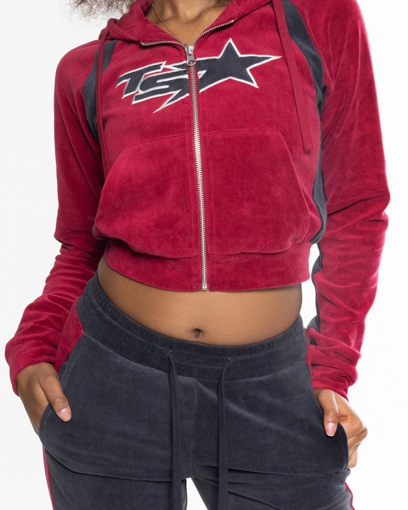 Chandals Trapstar TS- Star Contrast Panel Velour Hoodie Mujer Vino | Mexico-41295