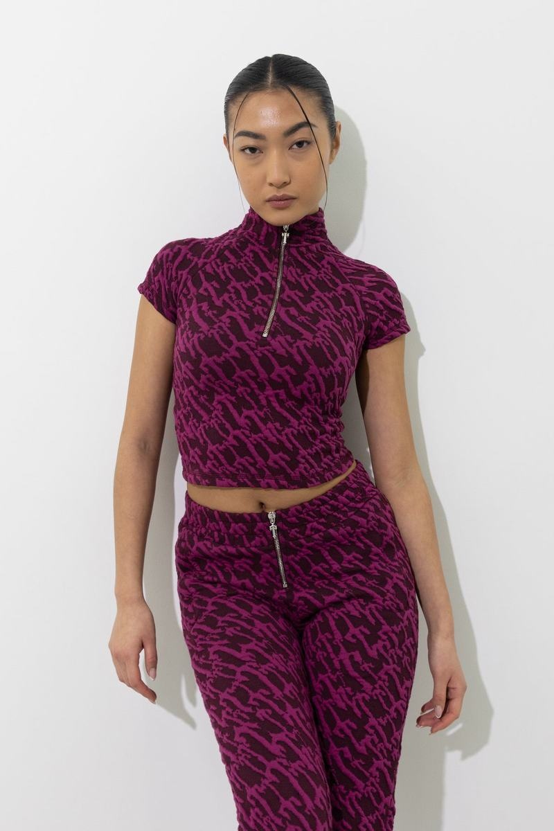 Tops Trapstar Jacquard Fitted Zip Crop Mujer Vino Rosas | Mexico-58904