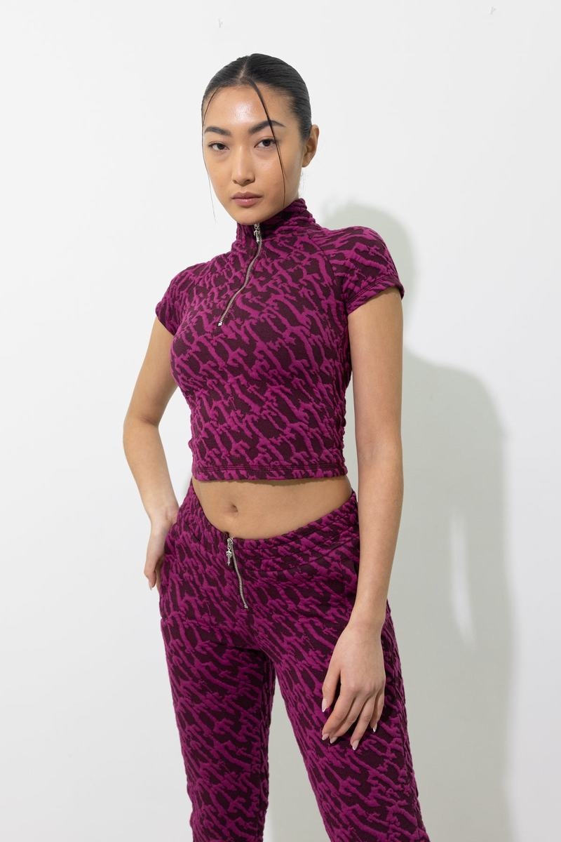 Tops Trapstar Jacquard Fitted Zip Crop Mujer Vino Rosas | Mexico-58904